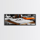 Open Book, Glasses, Orange Folders, Writer Desk, Framed Canvas Print, Study Room Wall Art, Vintage Academic Aesthetic