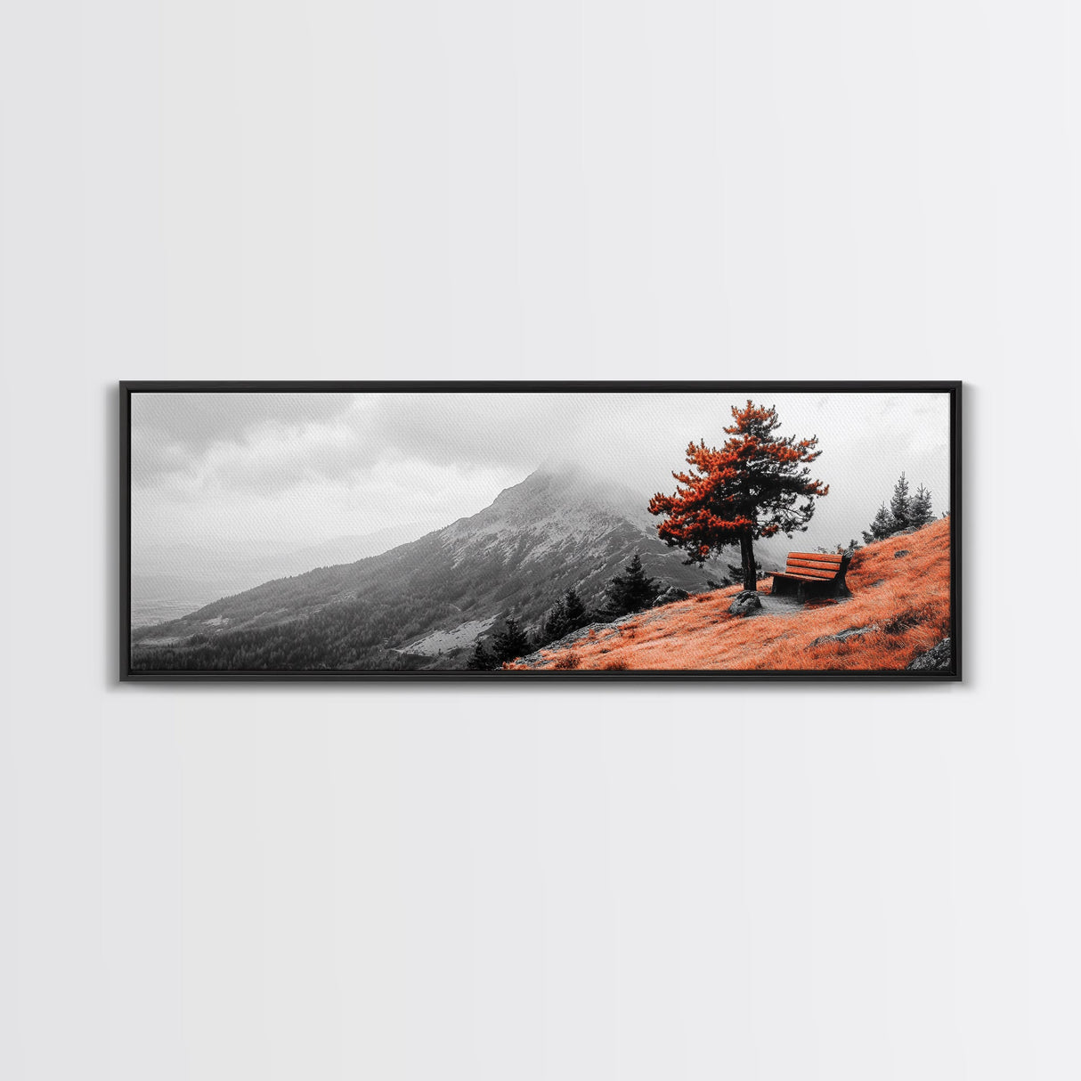 Scenic Bench, Autumn Hills, Serene Vista, Orange Tree — Framed Canvas Print, Minimalist Landscape Art, Fall Home Decor, Bedroom Wall Art