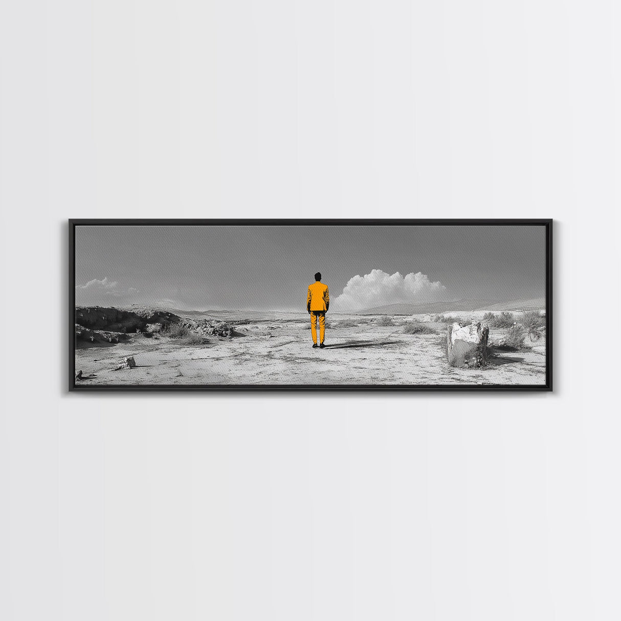 Yellow Suit, Surreal Desert, Lone Wanderer, Conceptual Art — Framed Canvas Print, Modern Art, Office Decor, Minimalist Statement Piece