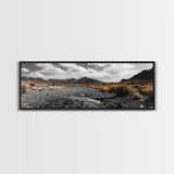 Desert Creek, Rugged Mountains, Golden Shrubs, Nature Path — Framed Canvas Print, Autumn Wall Decor, Rustic Office Art, Landscape Canvas