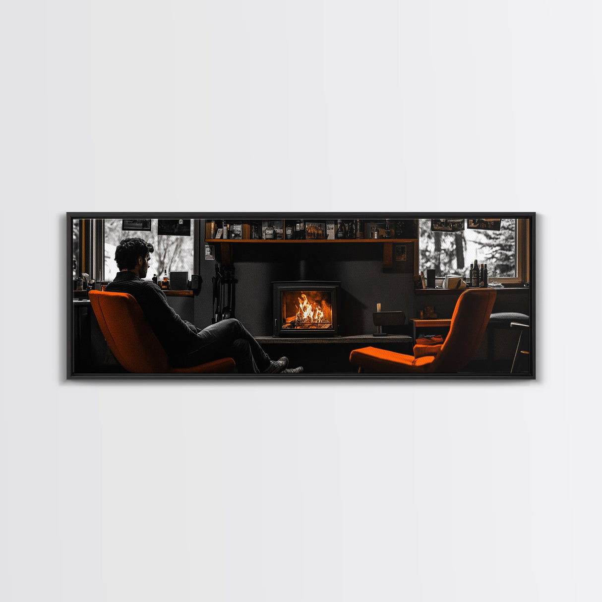 Fireplace Moment, Cozy Cabin Mood, Fall Comfort Scene, Framed Canvas Print, Hygge Wall Art, Masculine Decor, Warm Living Room Style