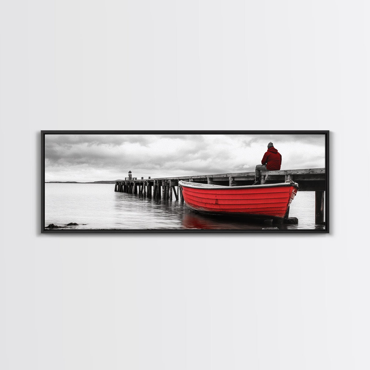 Red Boat Dock, Lonely Harbor View, Seaside Silence, Framed Canvas Print, Nautical Wall Art, Beach House Decor, Moody Coastal Vibes