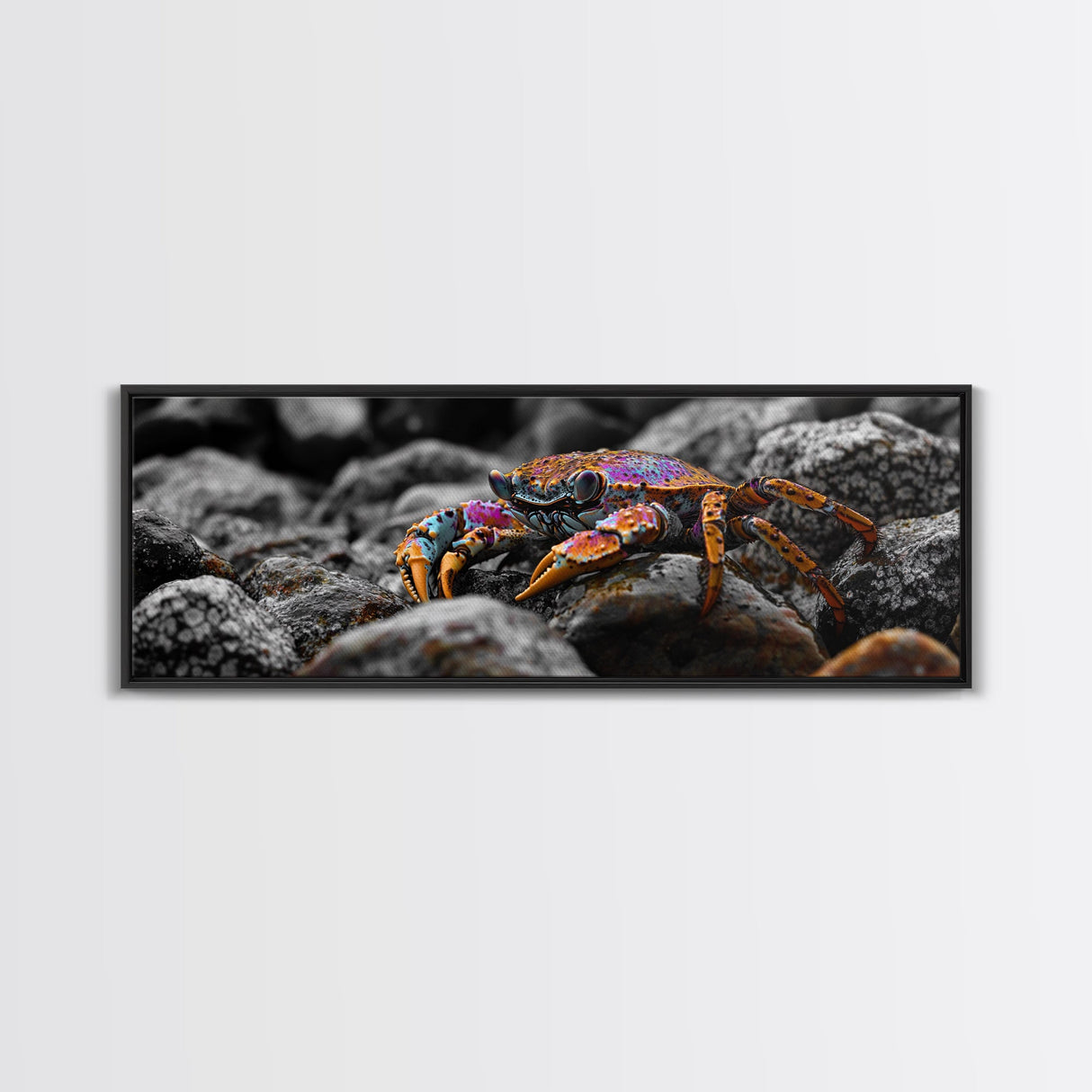 Rainbow Crab, Coastal Creature, Ocean Life, Vibrant Nature, Framed Canvas Print, Bathroom Wall Art, Coastal Home Decor