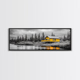 Yellow Cabin, Forest River View, Wilderness Retreat, Framed Canvas Print, Rustic Wall Art, Lodge Decor, Cozy Nature Landscape Style
