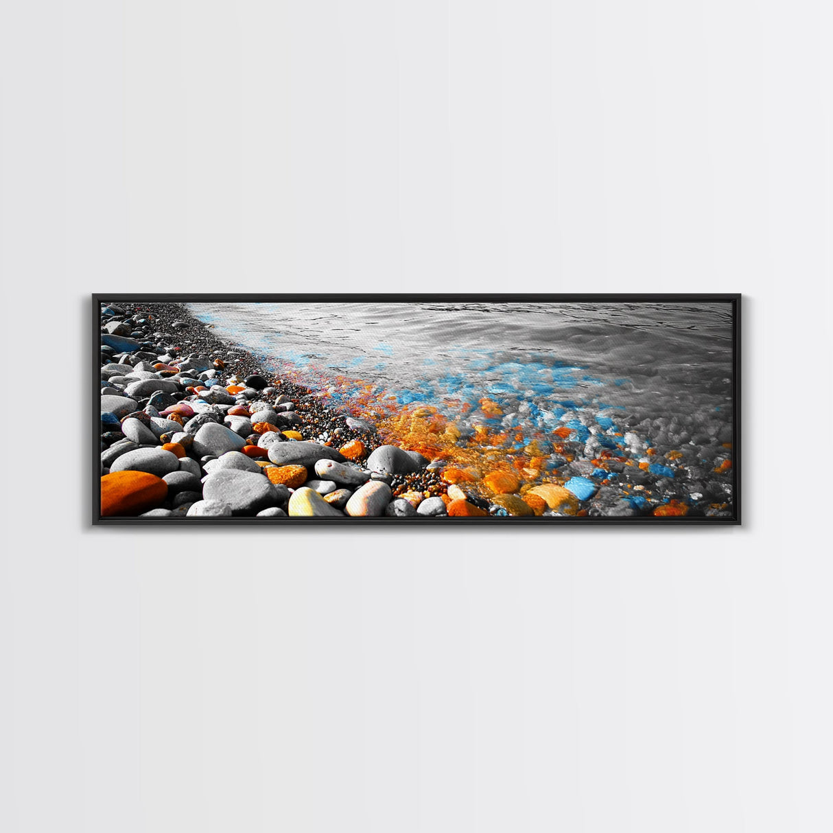 Colorful Pebble Shore, Vibrant Lake Stones, Blue Orange Rocks, Framed Canvas Print, Boho Coastal Style, Bathroom Wall Art