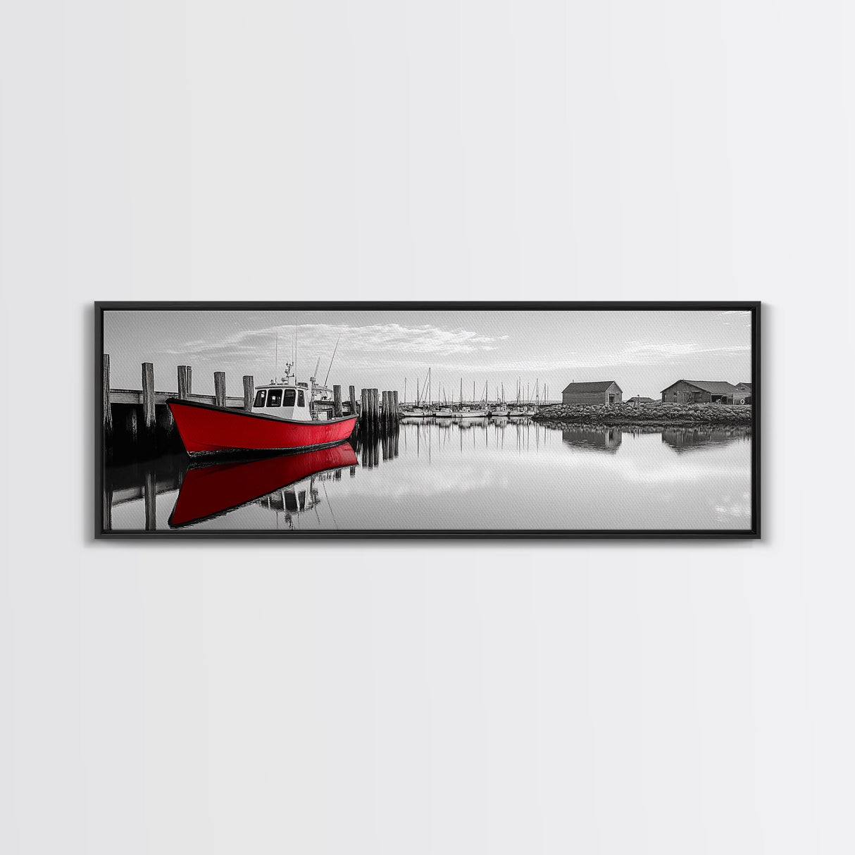 Red Fishing Boat, Harbor Reflection Scene, Calm Dockside Water, Framed Canvas Print, Nautical Art, Living Room Wall Decor