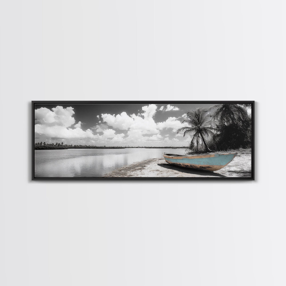 Tropical Boat, Deserted Beach, Palms and Clouds, Ocean Peace, Framed Canvas Print, Boho Wall Art, Bedroom Decor, Seaside Minimalism