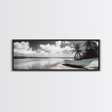 Tropical Boat, Deserted Beach, Palms and Clouds, Ocean Peace, Framed Canvas Print, Boho Wall Art, Bedroom Decor, Seaside Minimalism