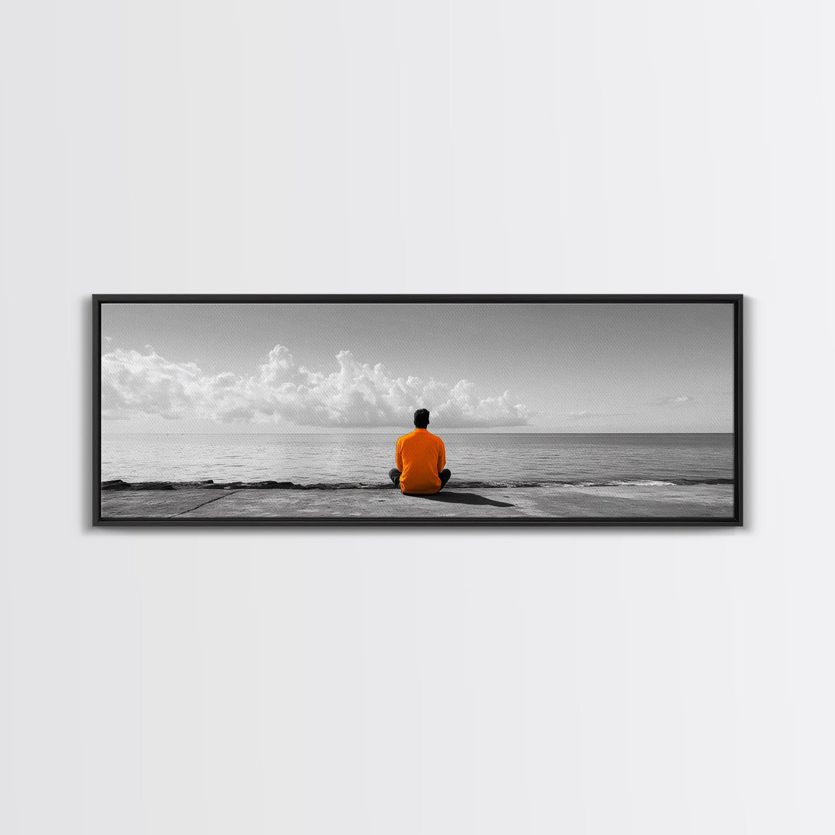 Orange Jacket, Solitude Man, Sea Gaze, Minimal Mood, Framed Canvas Print, Office Wall Art, Modern Decor, Reflective Photography