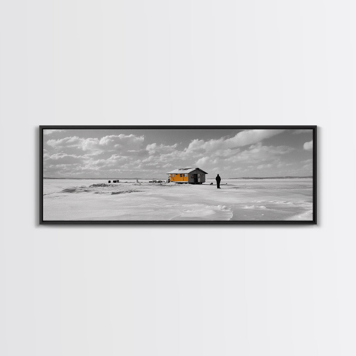 Winter Fishing, Ice House, Snowy Sky, Arctic Chill, Framed Canvas Print, Cabin Wall Art, Minimalist Winter Decor, Monochrome Scene