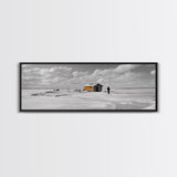 Winter Fishing, Ice House, Snowy Sky, Arctic Chill, Framed Canvas Print, Cabin Wall Art, Minimalist Winter Decor, Monochrome Scene