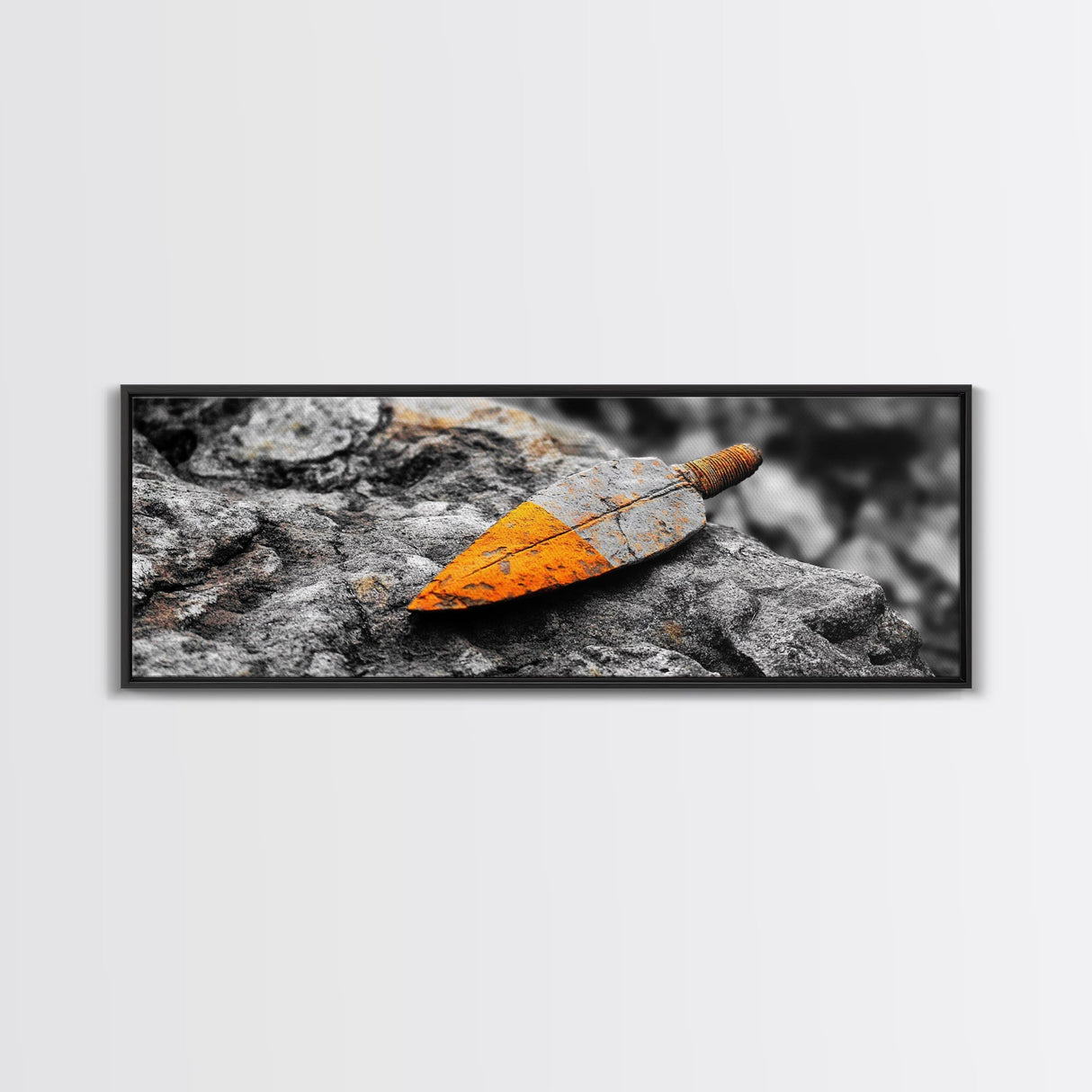 Tribal Blade, Ancient Weapon, Stone Texture, Orange Detail, Framed Canvas Print, Masculine Wall Art, Rustic Decor, Warrior Vibes