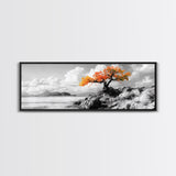 Autumn Tree, Coastal Cliff, Ocean Horizon, Framed Canvas Print, Autumn decor, rustic wall art, minimalist nature, neutral tones