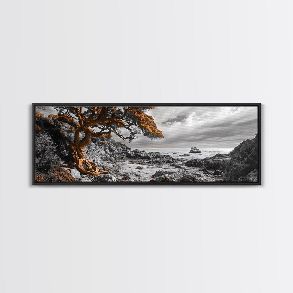 Twisted Tree, Rugged Coast, Autumn Forest, Framed Canvas Print, fall wall art, rustic nature print, living room decor, woodland landscape