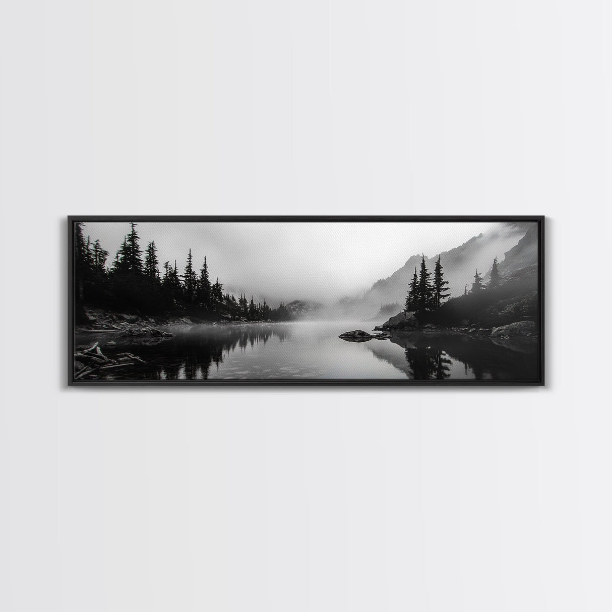 Foggy Pines, Mountain Reflection, Monochrome Wilderness, Canvas Print, black and white wall art, cabin decor, minimalist forest scene