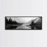 Foggy Pines, Mountain Reflection, Monochrome Wilderness, Canvas Print, black and white wall art, cabin decor, minimalist forest scene