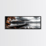 Autumn Lake, Stormy Sky, Wooden Dock, Canvas Print, fall landscape wall art, cozy home decor, cabin style print, orange forest reflections