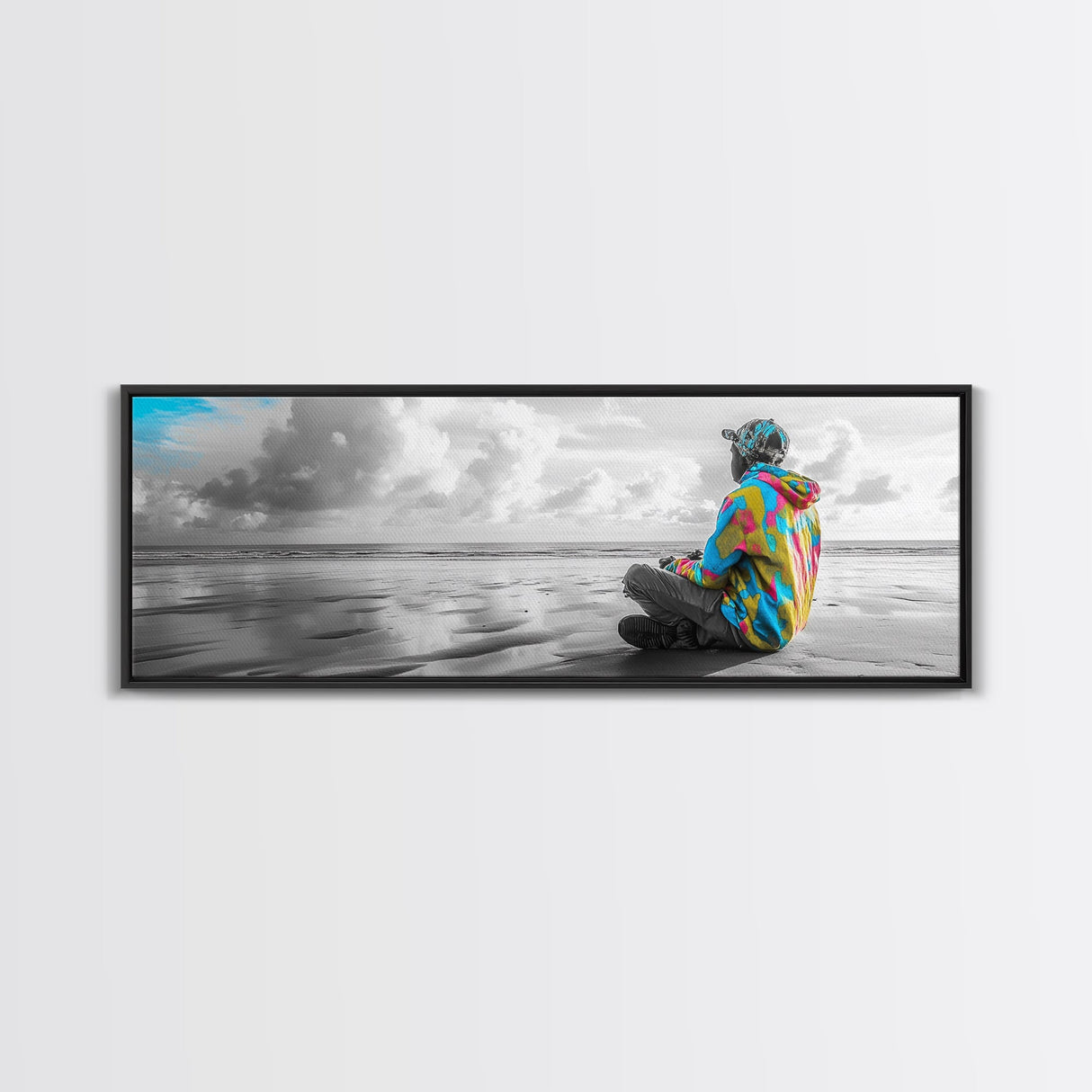 Colorful Hoodie, Peaceful Ocean, Reflective Moment, Street Style, Framed Canvas Print, Boho Wall Art, Teen Bedroom Decor