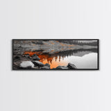 Orange Reflection Lake, Rocky Shoreline, Autumn Forest View, Canvas Print, Nature Photography, Rustic Wall Art, Cabin Living Room Decor