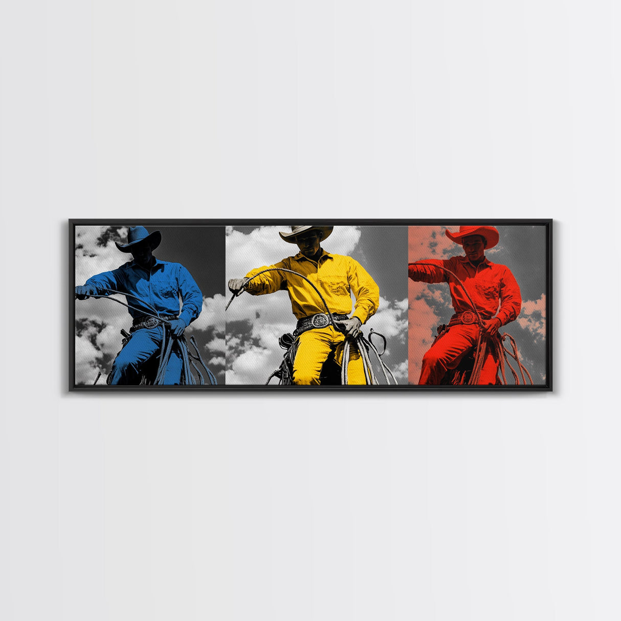 Cowboy Pop Art, Red Yellow Blue Trio, Western Rodeo Style, Framed Canvas Print, Bold Color Wall Art, Man Cave Decor, Modern Western Art