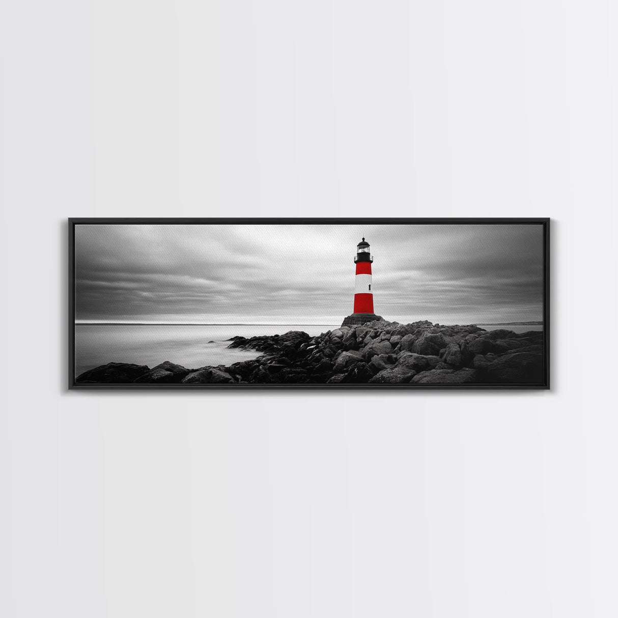 Lighthouse Coastline, Red Beacon, Stormy Sea, Black and White Landscape, Framed Canvas Print, Nautical Decor, Office Wall Art, Modern Style