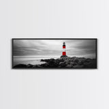Lighthouse Coastline, Red Beacon, Stormy Sea, Black and White Landscape, Framed Canvas Print, Nautical Decor, Office Wall Art, Modern Style