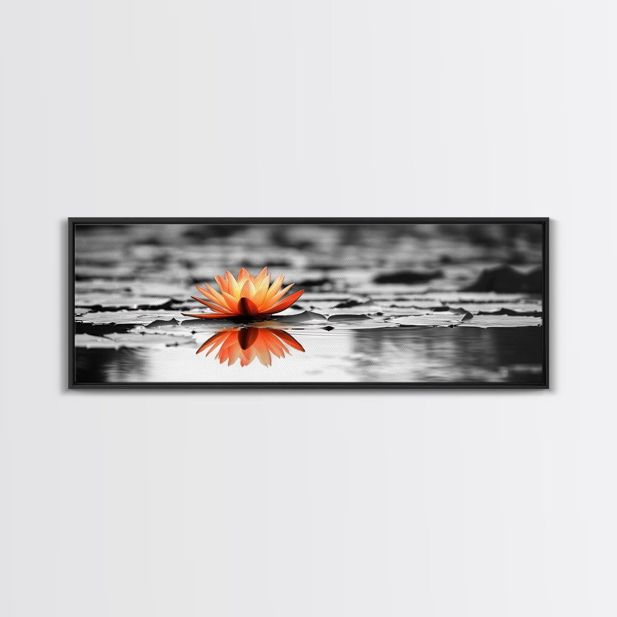 Tranquil Lotus, Zen Water, Orange Glow, Reflective Serenity, Framed Canvas Print, Bedroom Wall Art, Spa Decor, Boho Style, Meditation Vibe