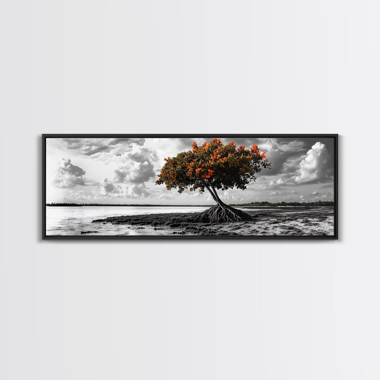 Mangrove Tree, Coastal Roots, Windswept Shore, Stormy Sky, Framed Canvas Print, Entryway Wall Art, Tropical Nature Art, Minimalist Style
