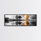 Surreal Reflection, Tree Silhouettes, Split Sky, Framed Canvas Print, trippy landscape art, black and white dreamy wall decor