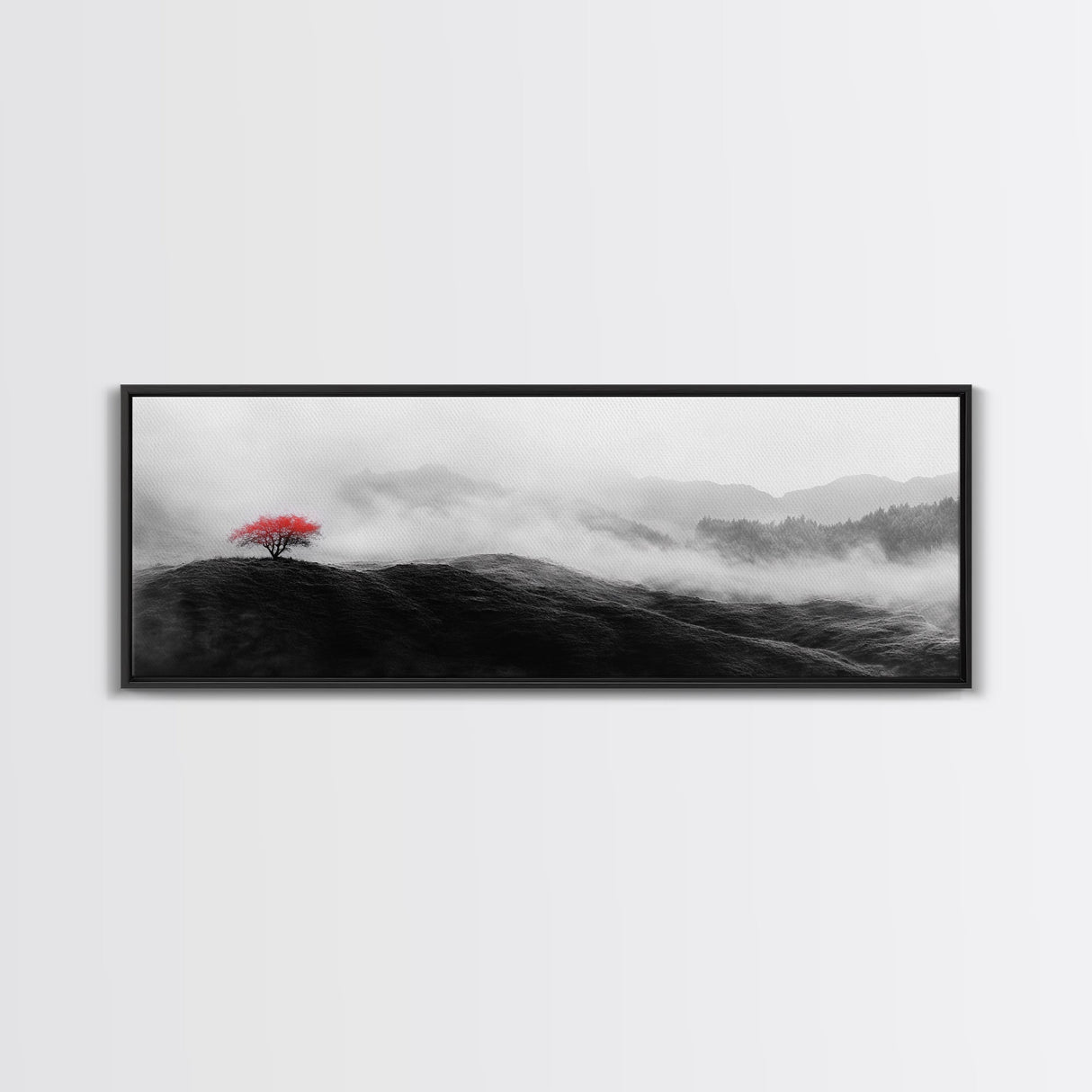 Lone Red Tree, Misty Hills, Minimalist Landscape, Framed Canvas Print, serene bedroom wall art, abstract black and white decor