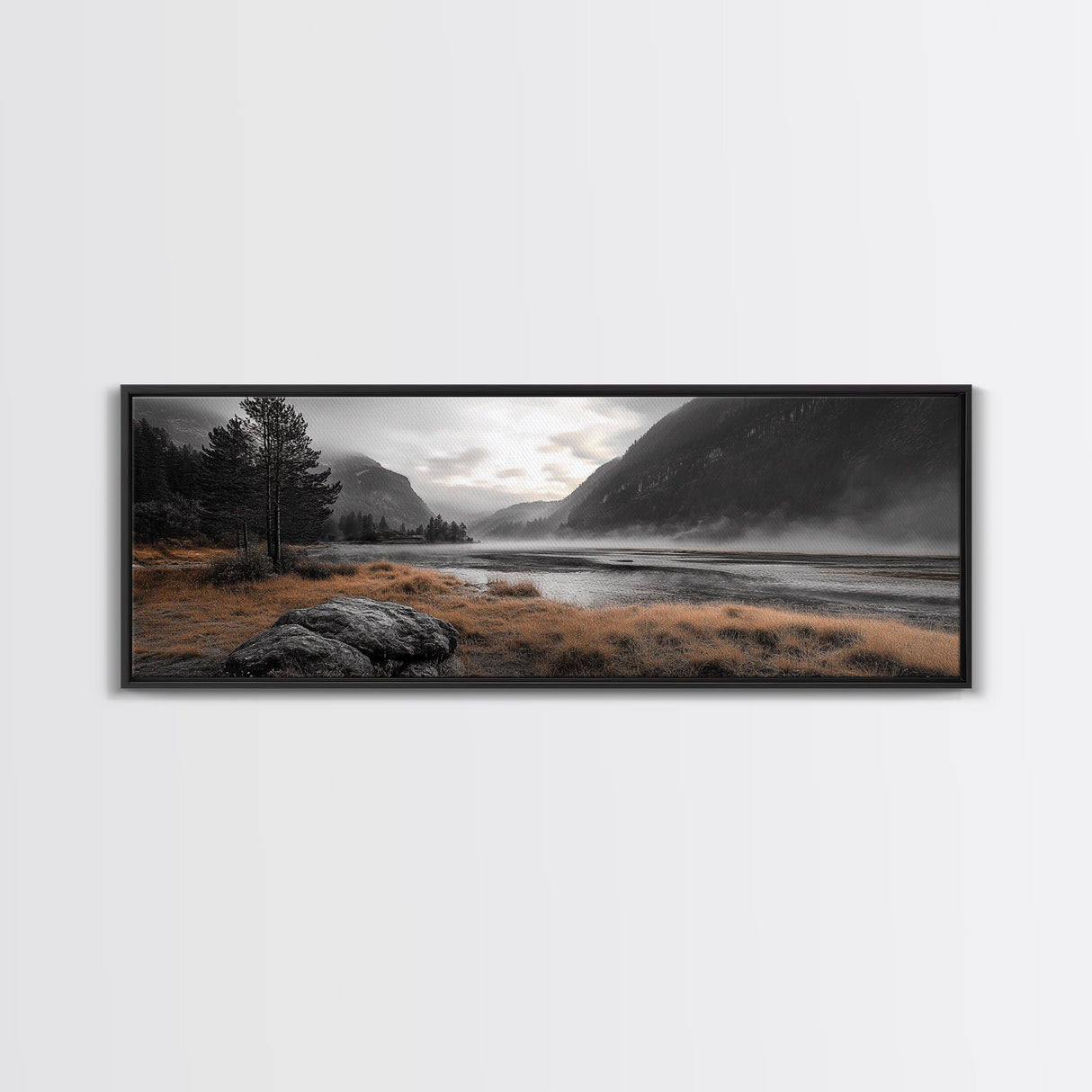 Misty Lake, Mountain Valley, Autumn Morning, Canvas Print, peaceful wilderness scene, rustic cabin decor, cozy nature artwork