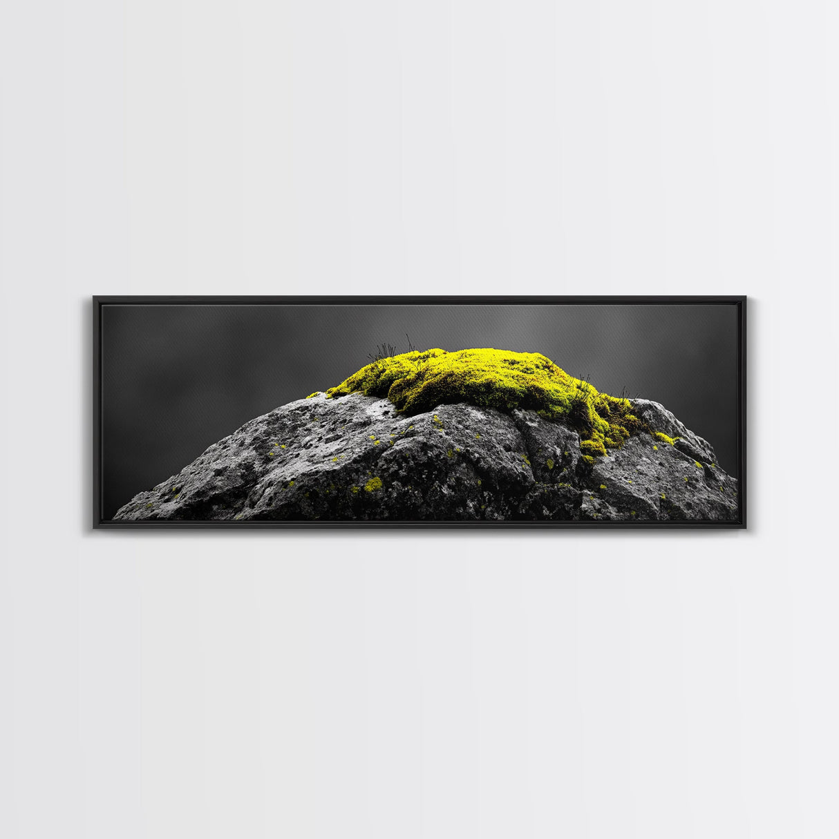 Yellow Moss, Stone Detail, Minimal Nature, Framed Canvas Print, modern zen wall art, earthy bathroom decor, botanical accent
