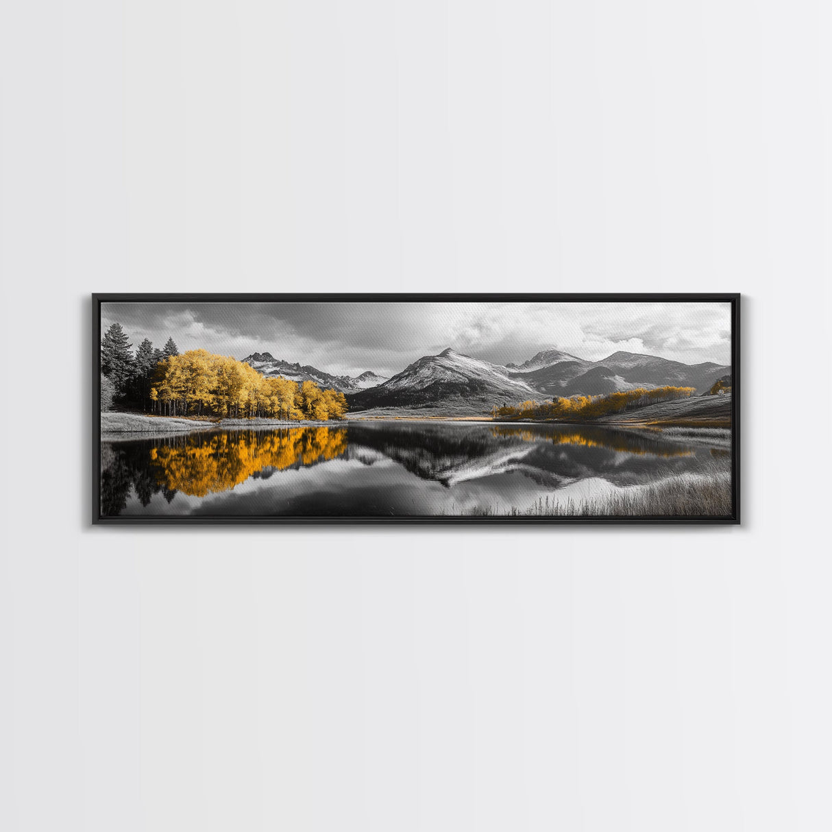 Yellow Autumn Forest, Lake Reflection, Black White Mountains, Canvas Print, Rustic Wall Art, Living Room Nature Scene