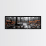 Autumn Forest Stream, Bare Trees, Orange Leaves, Framed Canvas Print, Fall Wall Art, Cozy Nature Scene, Entryway Decor