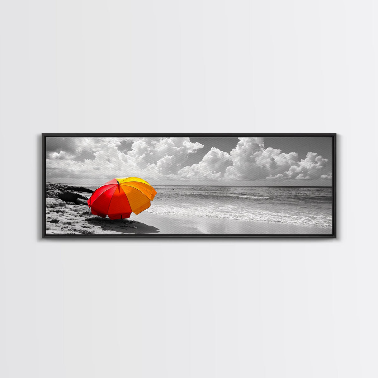Red Yellow Umbrella, Beach Art, Summer Decor, Modern Coastal Print, Framed Canvas Print, Minimalist Wall Art, Bathroom or Hallway Decor