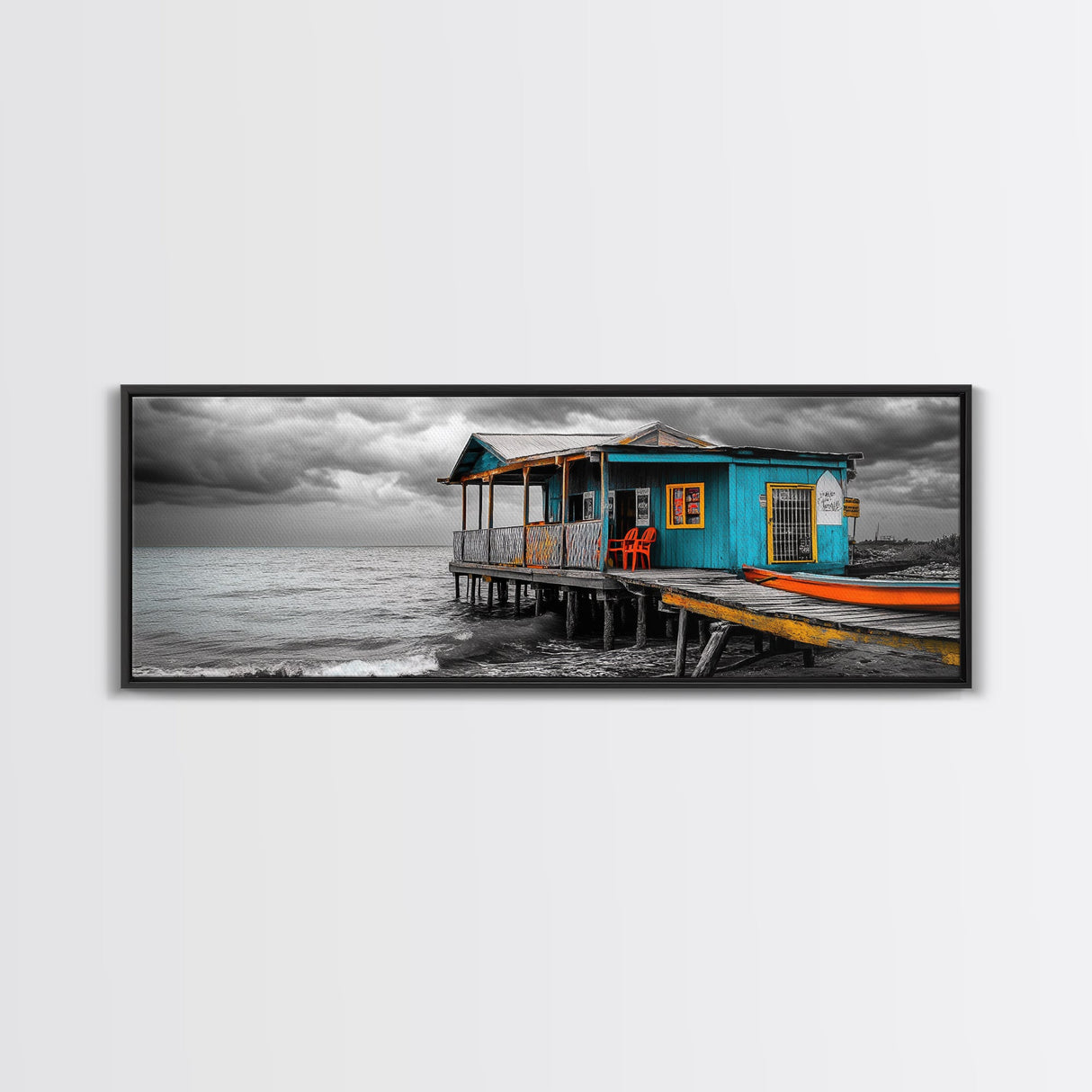 Rustic Shack, Ocean Pier, Stormy Skies, Tropical Retreat, Framed Canvas Print, Nautical Wall Art, Beach Cabin Decor, Lake House Style
