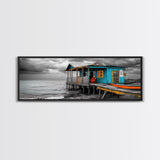Rustic Shack, Ocean Pier, Stormy Skies, Tropical Retreat, Framed Canvas Print, Nautical Wall Art, Beach Cabin Decor, Lake House Style