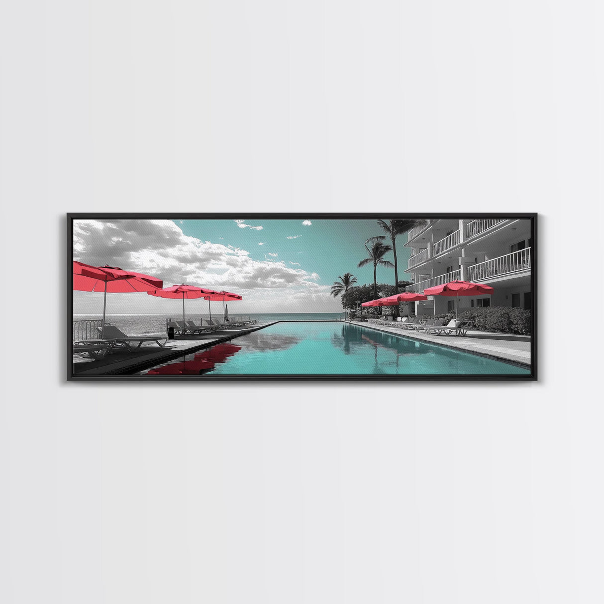 Poolside Escape, Beach Umbrellas, Luxury Retreat, Modern Resort, Framed Canvas Print, Vacation Vibes, Coastal Living, Bedroom Wall Art