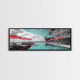 Poolside Escape, Beach Umbrellas, Luxury Retreat, Modern Resort, Framed Canvas Print, Vacation Vibes, Coastal Living, Bedroom Wall Art