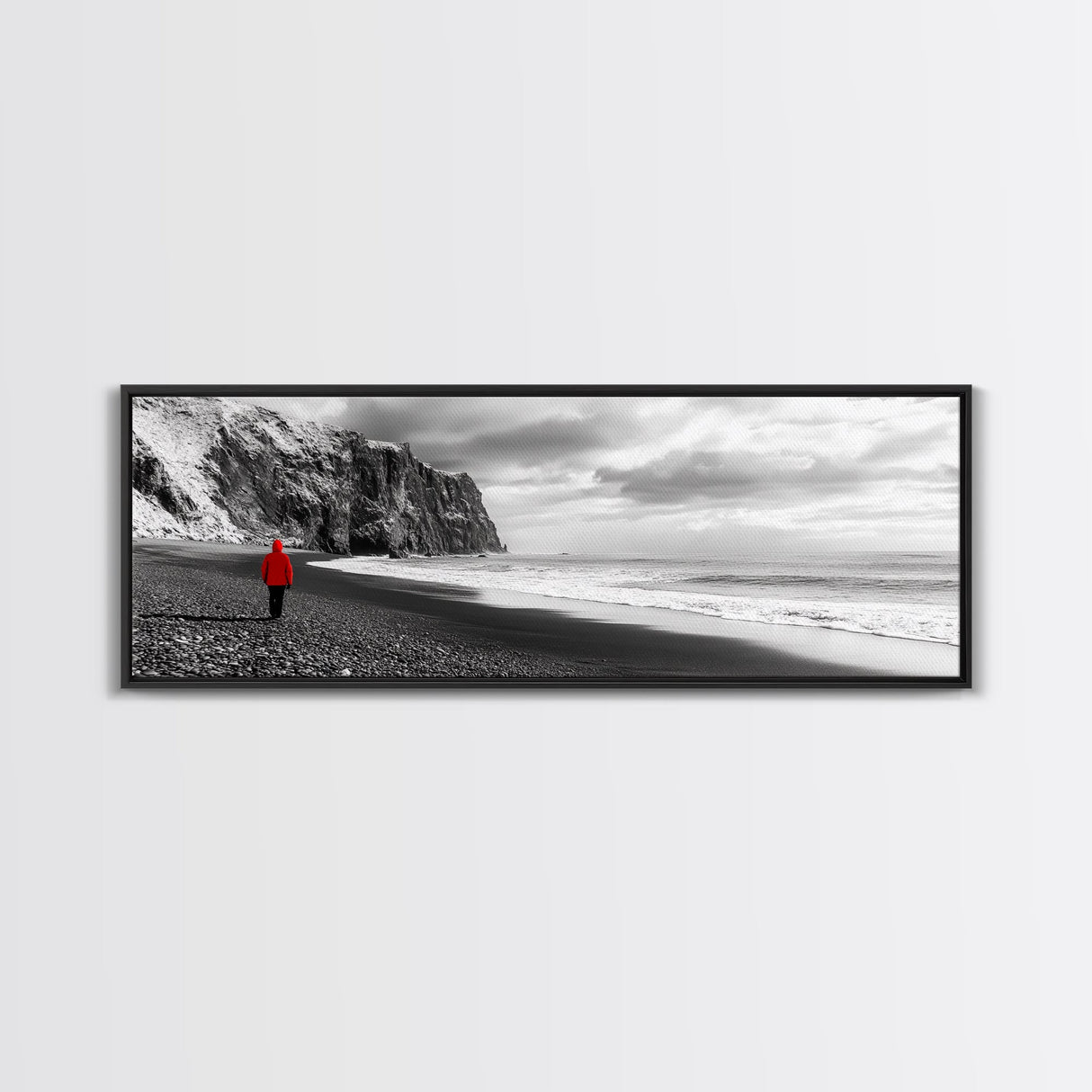 Red Jacket Wanderer, Moody Coastal Cliff Scene, Monochrome Photography, Framed Canvas Print, Modern Minimalist Office Wall Art