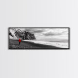 Red Jacket Wanderer, Moody Coastal Cliff Scene, Monochrome Photography, Framed Canvas Print, Modern Minimalist Office Wall Art