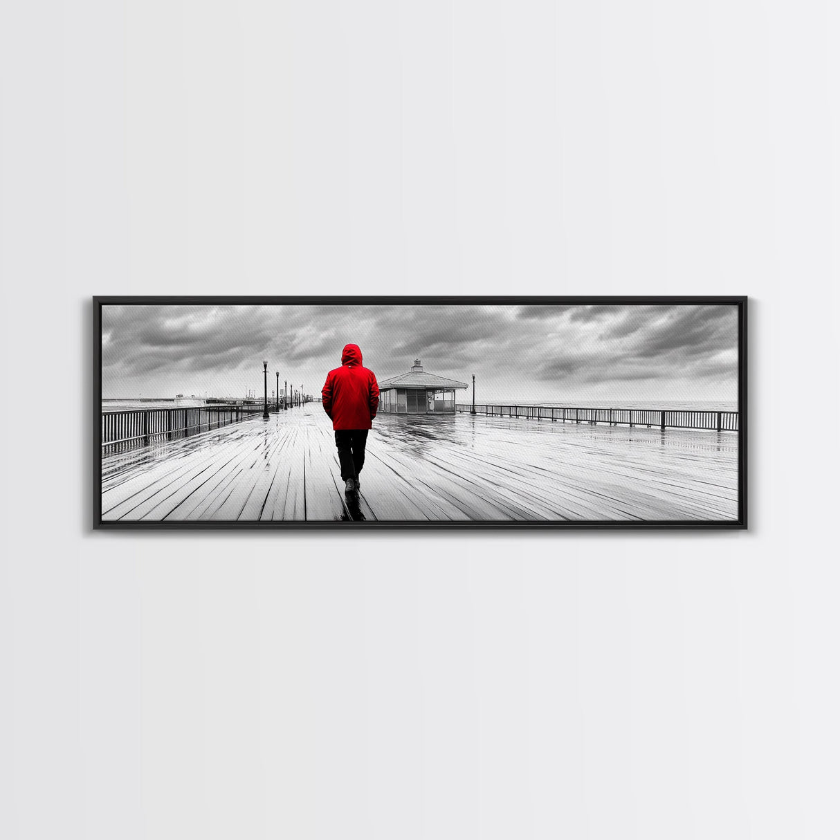 Red Jacket Walk, Rainy Boardwalk Scene, Urban Solitude, Moody Landscape Photography, Canvas Print, Entryway Wall Art, Minimalist Decor