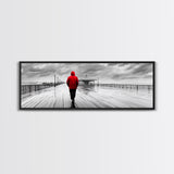 Red Jacket Walk, Rainy Boardwalk Scene, Urban Solitude, Moody Landscape Photography, Canvas Print, Entryway Wall Art, Minimalist Decor