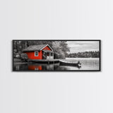 Lakeside Cabin Red, Boat House Retreat, Serene Waterfront, Autumn Color Pop, Canvas Print, Cozy Living Room Wall Art, Nature Home Decor