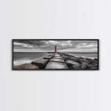 Red Lighthouse Coast, Seaside Rock Jetty, Stormy Sky Mood, Nautical Beacon View, Canvas Print, Bathroom Wall Art, Coastal Modern Decor