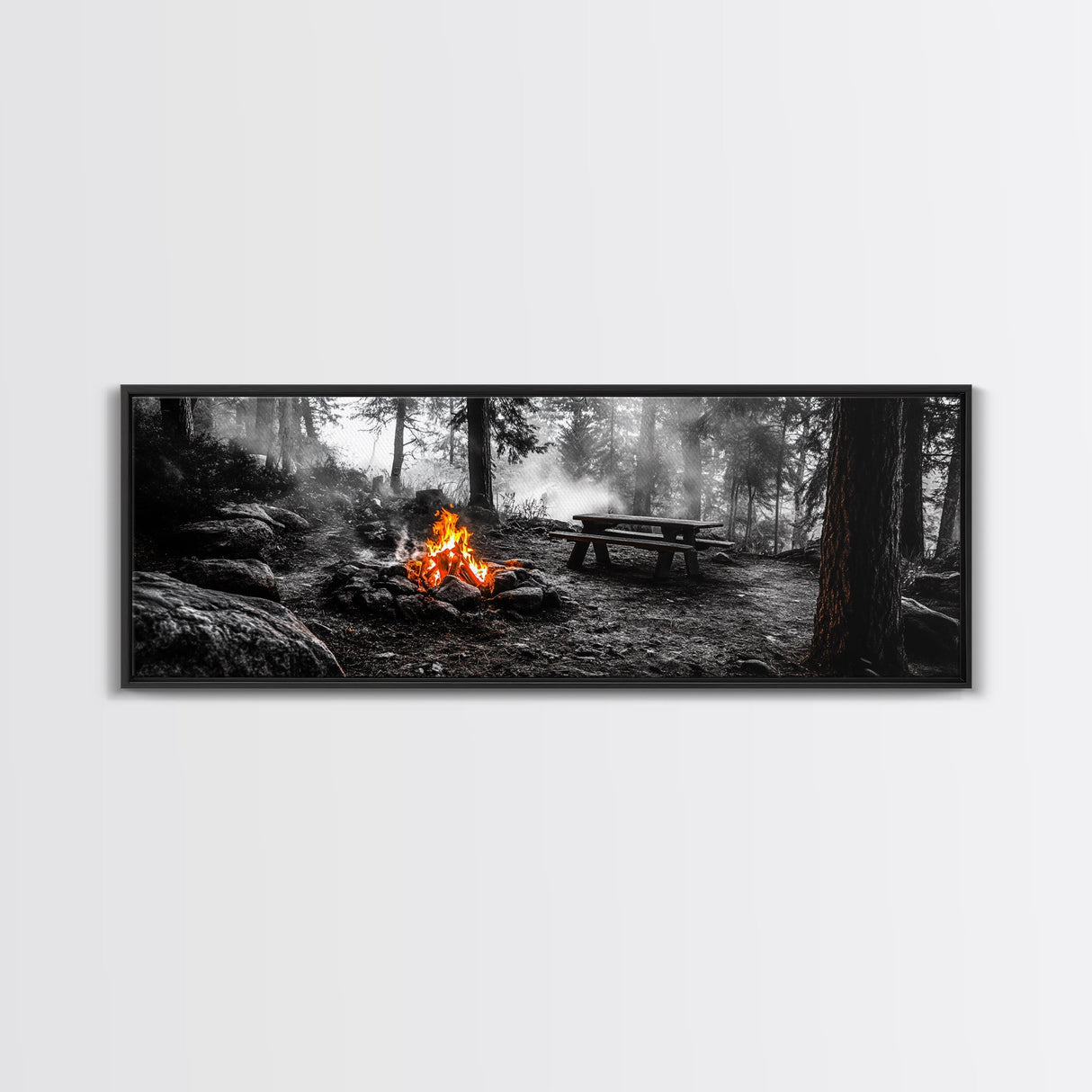 Forest Firepit, Picnic Spot, Smoky Trees, Nature Flame, Canvas Print, Fall Wall Art, Camping Cabin Decor, Rustic Outdoor Style