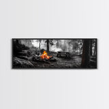 Forest Firepit, Picnic Spot, Smoky Trees, Nature Flame, Canvas Print, Fall Wall Art, Camping Cabin Decor, Rustic Outdoor Style
