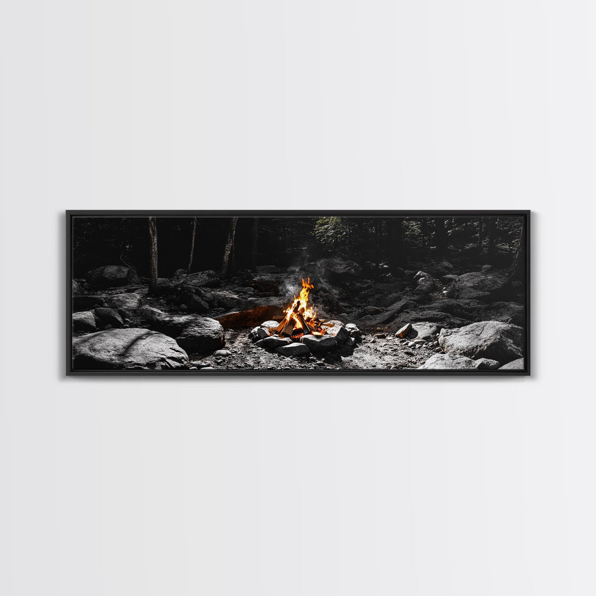 Stone Circle, Night Fire, Forest Blaze, Cozy Gathering, Canvas Print, Wilderness Wall Art, Fall Camping Decor, Rustic Cabin Style