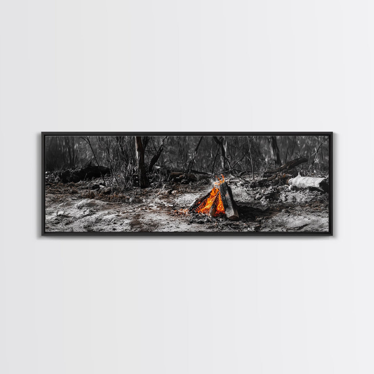 Ember Campfire, Twilight Glow, Nature Heat, Forest Shadows, Framed Canvas Print, Outdoor Wall Art, Fall Rustic Decor, Adventure Accent