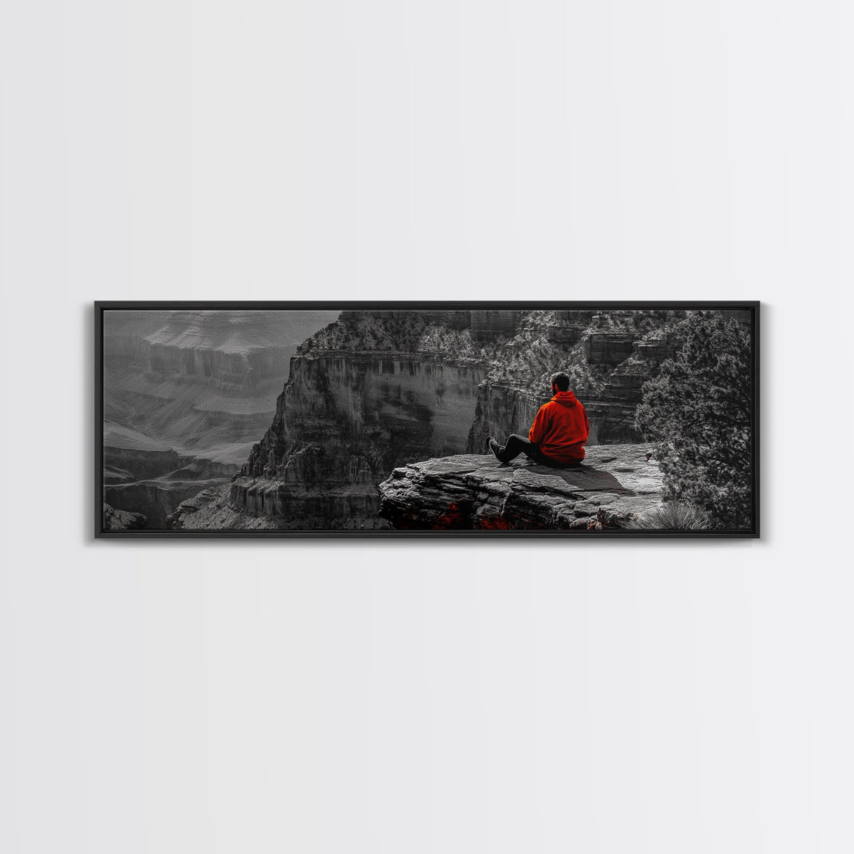 Grand Canyon, Meditation Art, Red Jacket, Adventure Scene, Framed Canvas Print, Hiking Wall Art, Man Cave Decor, Minimalist Landscape